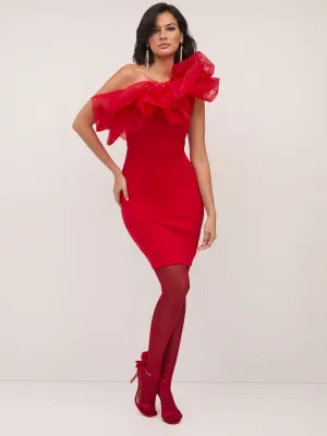 Asymmetric Tulle-Accent Sheath Dress