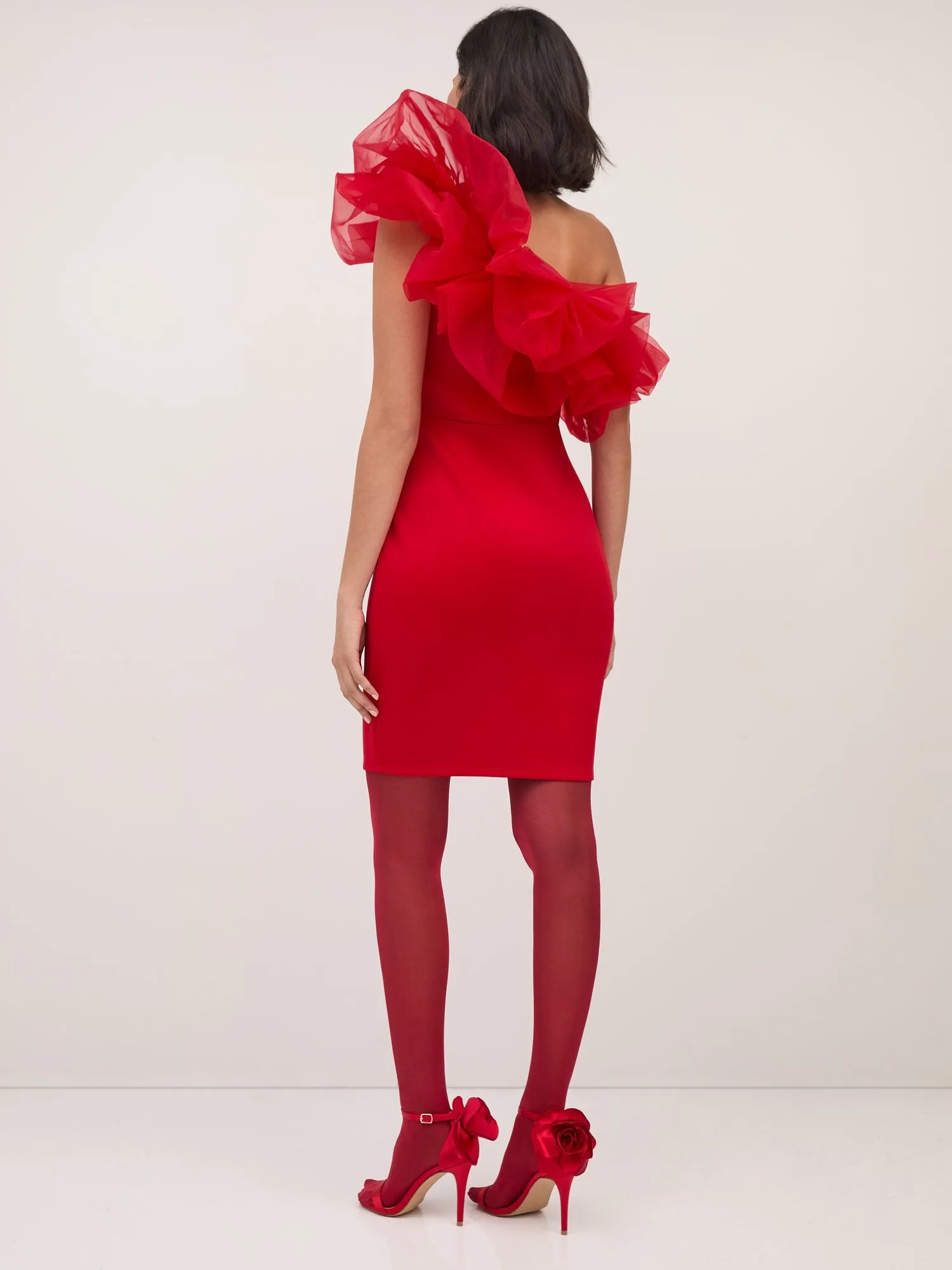 Asymmetric Tulle-Accent Sheath Dress