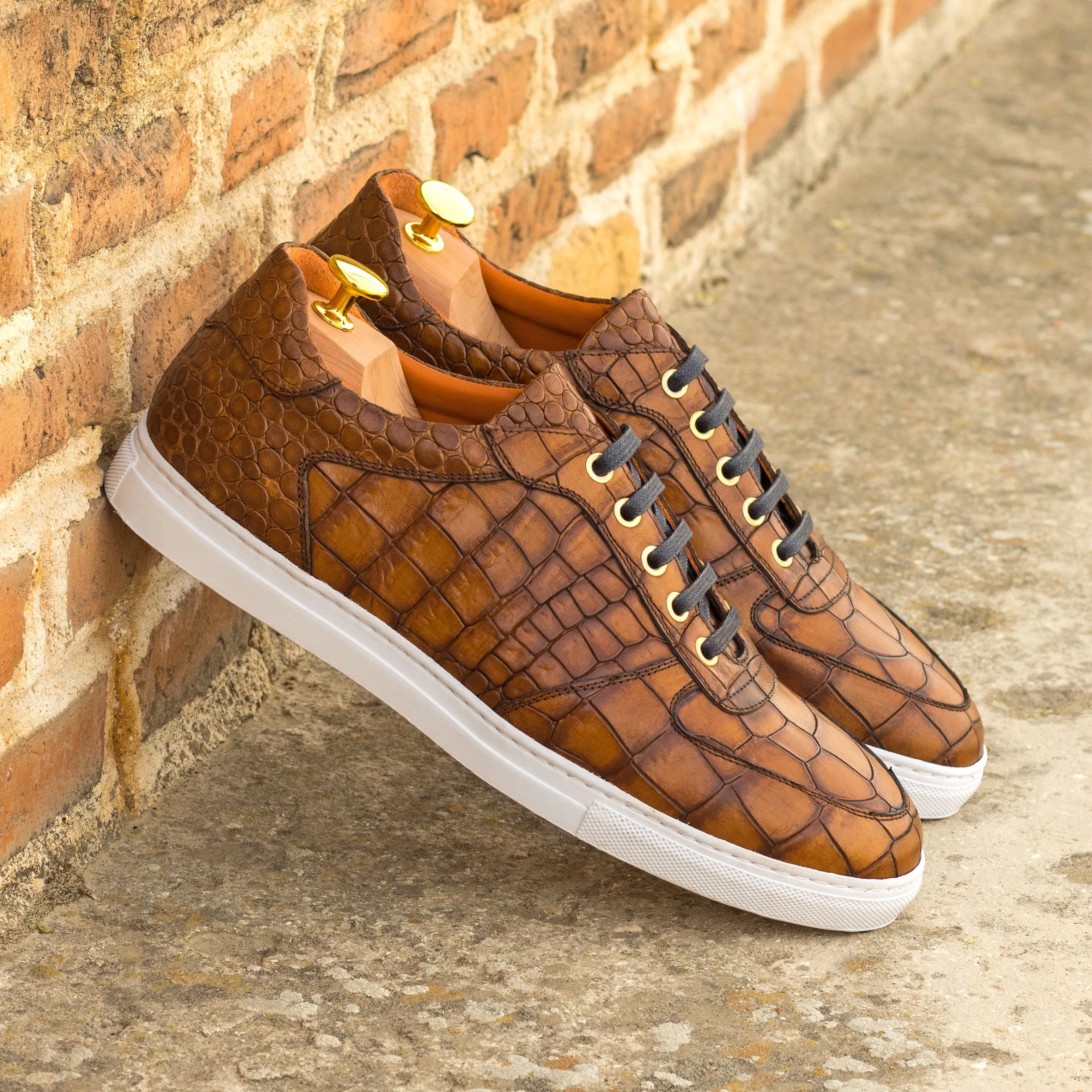 Brown Croco Leather Low-Top Sneakers