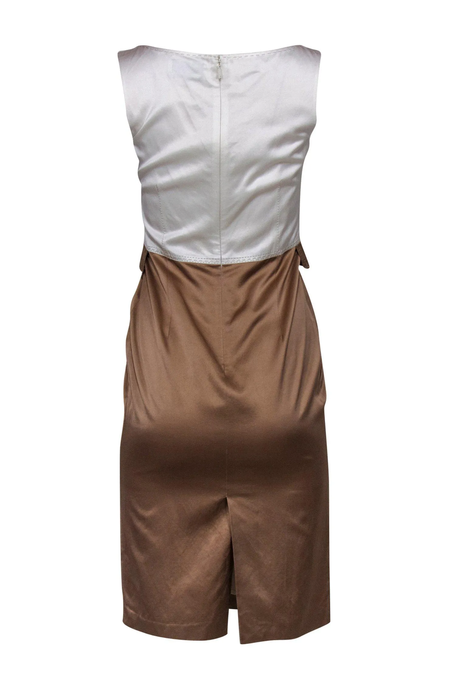 Carolina Herrera - Ivory & Taupe Satin Sheath Dress w/ Stitching Sz 4