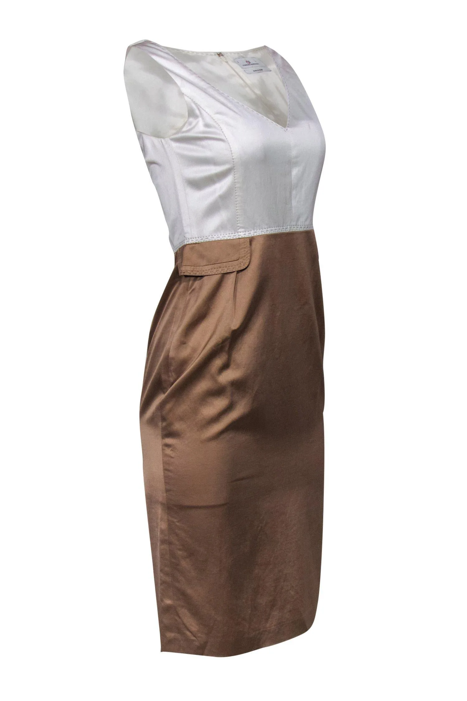 Carolina Herrera - Ivory & Taupe Satin Sheath Dress w/ Stitching Sz 4
