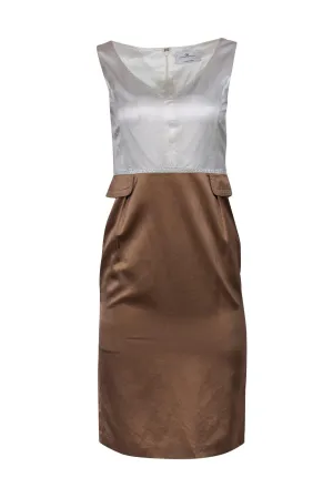 Carolina Herrera - Ivory & Taupe Satin Sheath Dress w/ Stitching Sz 4