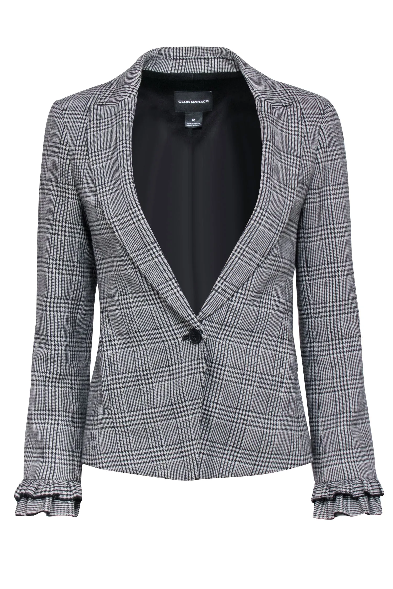 Club Monaco - White & Black Plaid Ruffled Blazer Sz 00