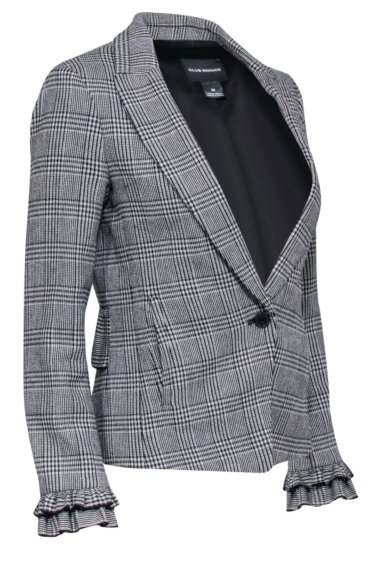 Club Monaco - White & Black Plaid Ruffled Blazer Sz 00