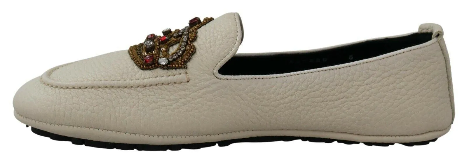 Dolce & Gabbana Beige Leather Crystal Crown Loafers Shoes