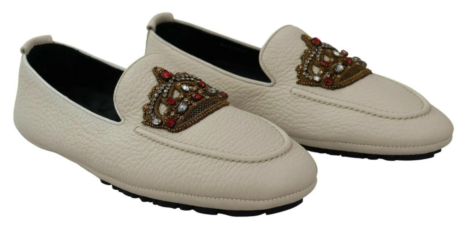 Dolce & Gabbana Beige Leather Crystal Crown Loafers Shoes