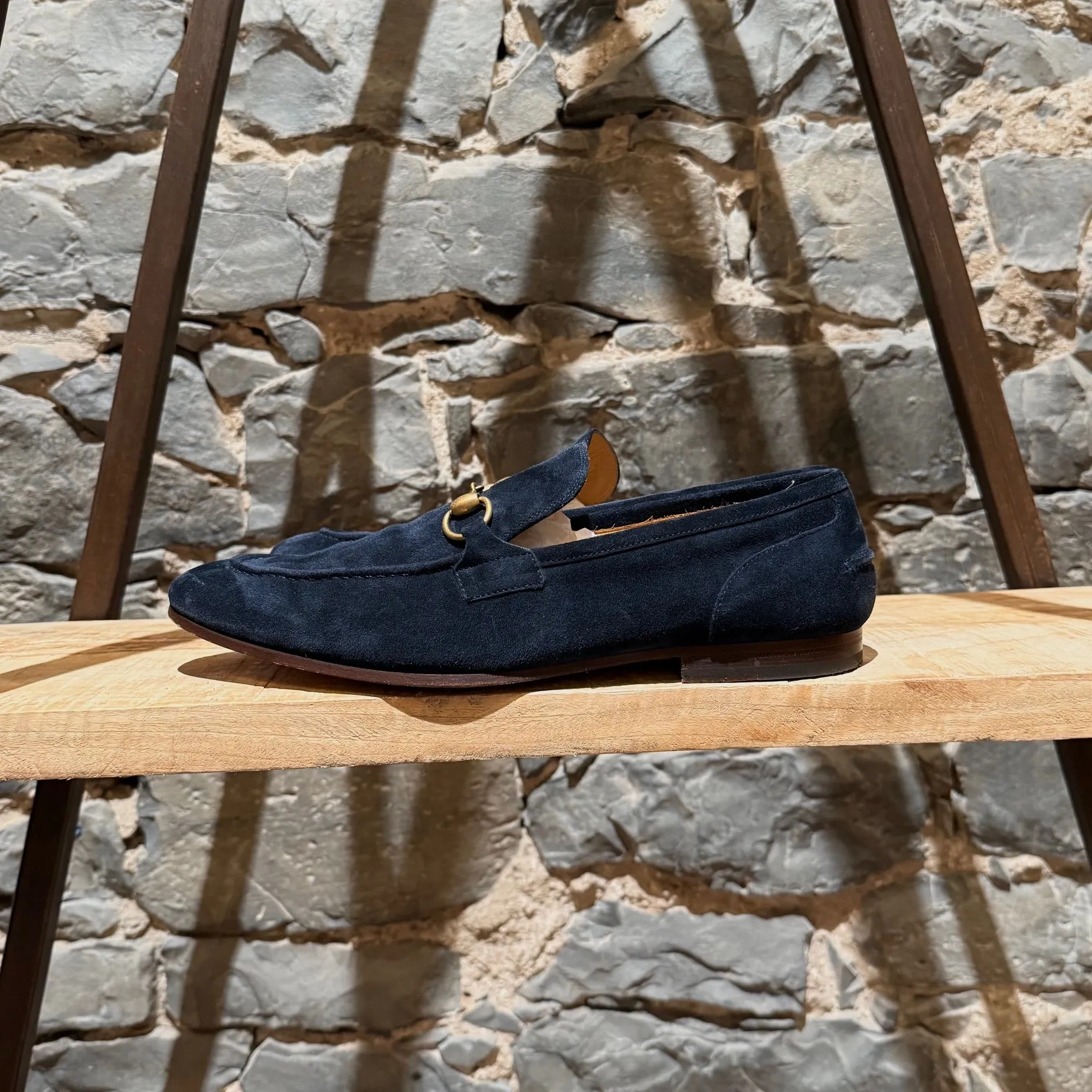 Gucci Navy Blue Suede Horsebit Accent Jordaan Loafers