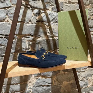 Gucci Navy Blue Suede Horsebit Accent Jordaan Loafers