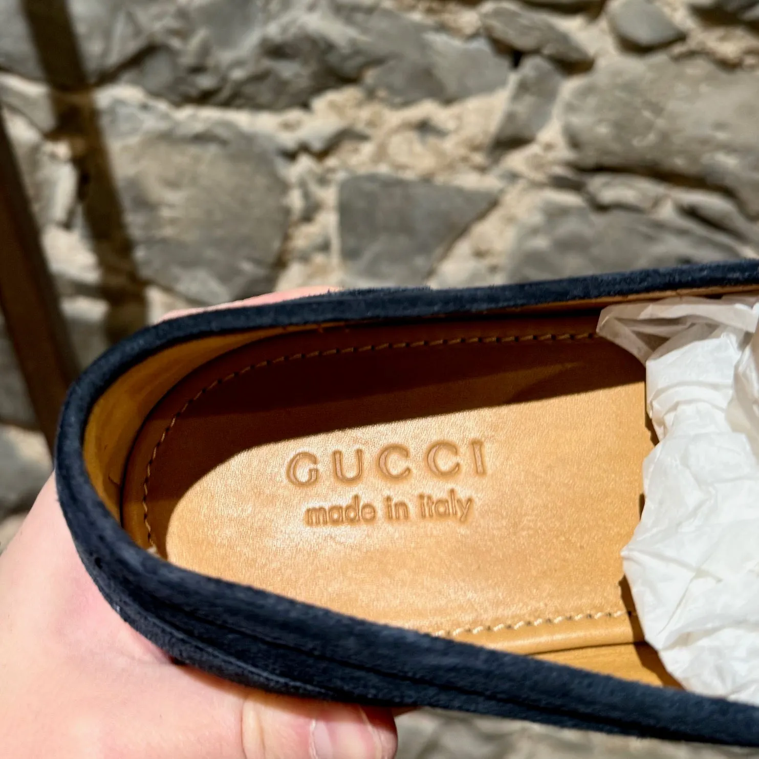 Gucci Navy Blue Suede Horsebit Accent Jordaan Loafers