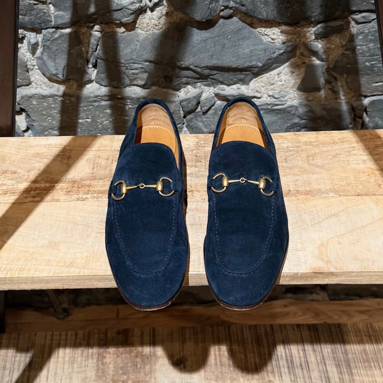 Gucci Navy Blue Suede Horsebit Accent Jordaan Loafers