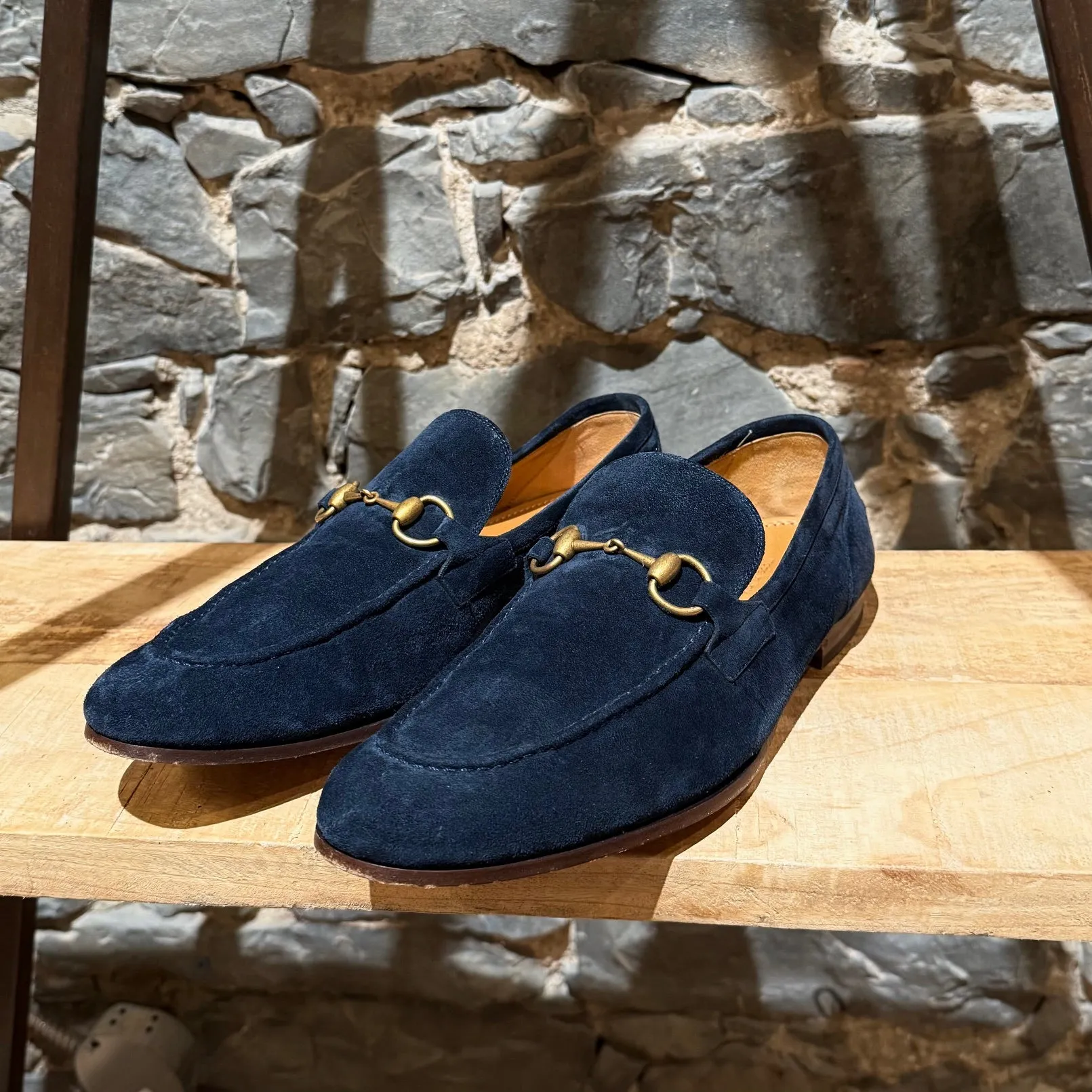 Gucci Navy Blue Suede Horsebit Accent Jordaan Loafers
