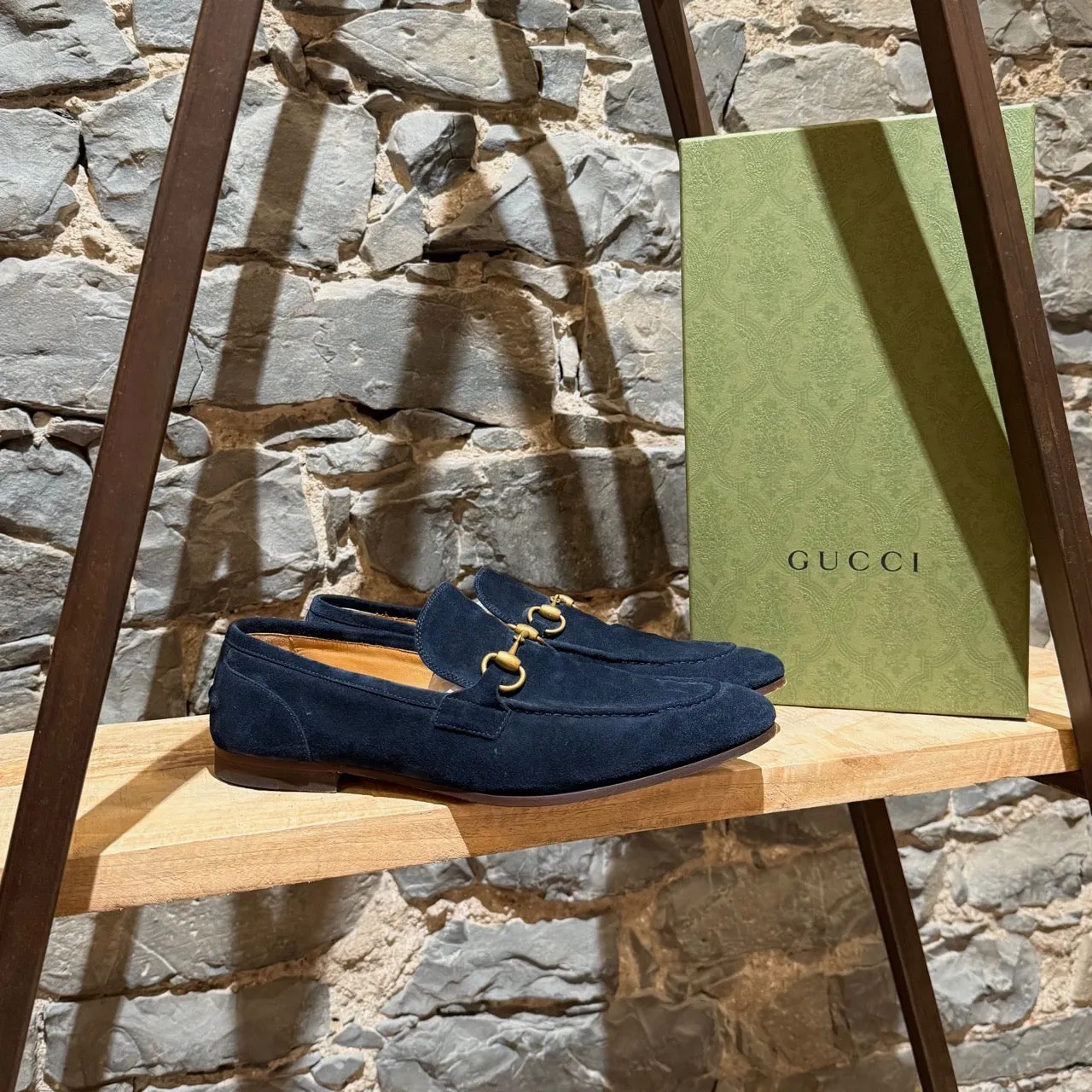 Gucci Navy Blue Suede Horsebit Accent Jordaan Loafers