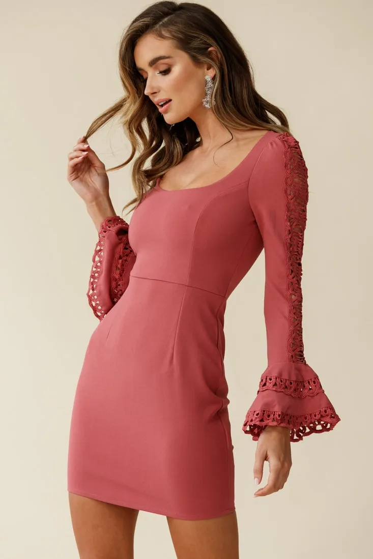 Jules Long Sleeve Flared Cuff Crochet Detail Dress Rose