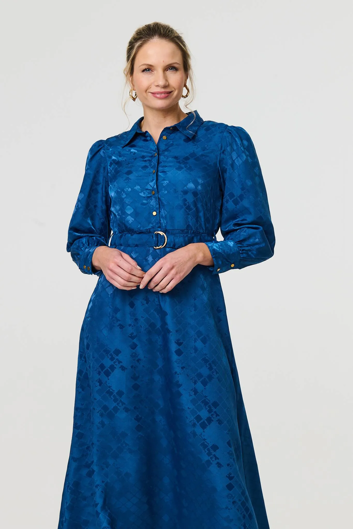 Metallic Puff Sleeve Maxi Shirt Dress