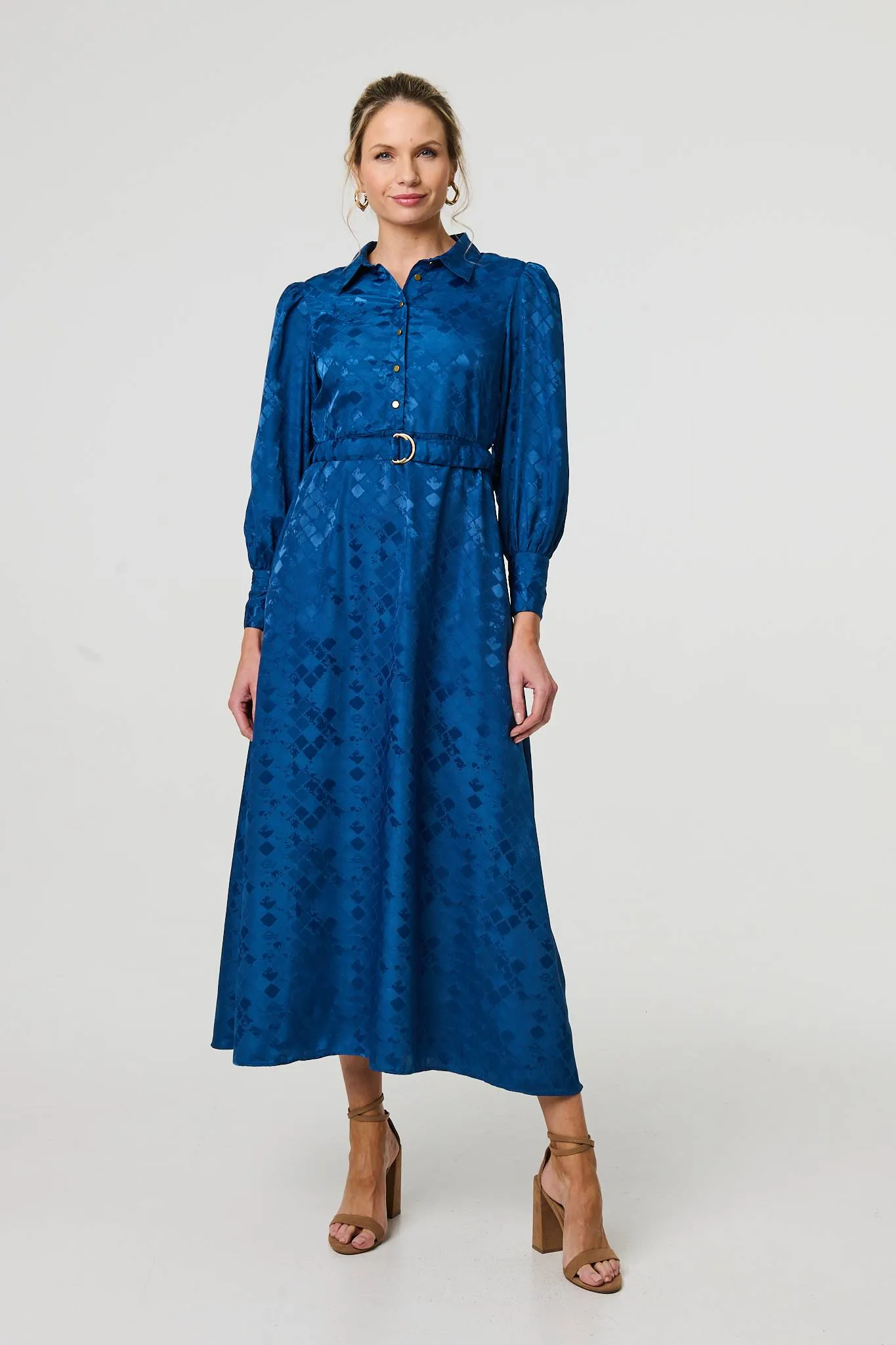 Metallic Puff Sleeve Maxi Shirt Dress