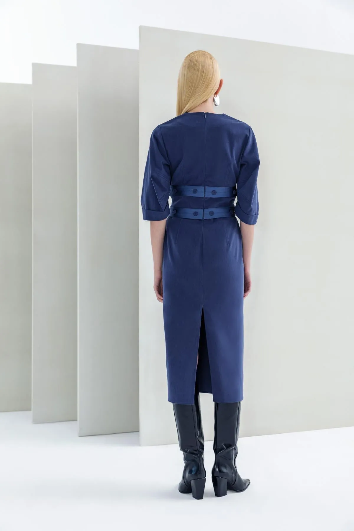 Slit Midi Dress with Belt Navy Blue