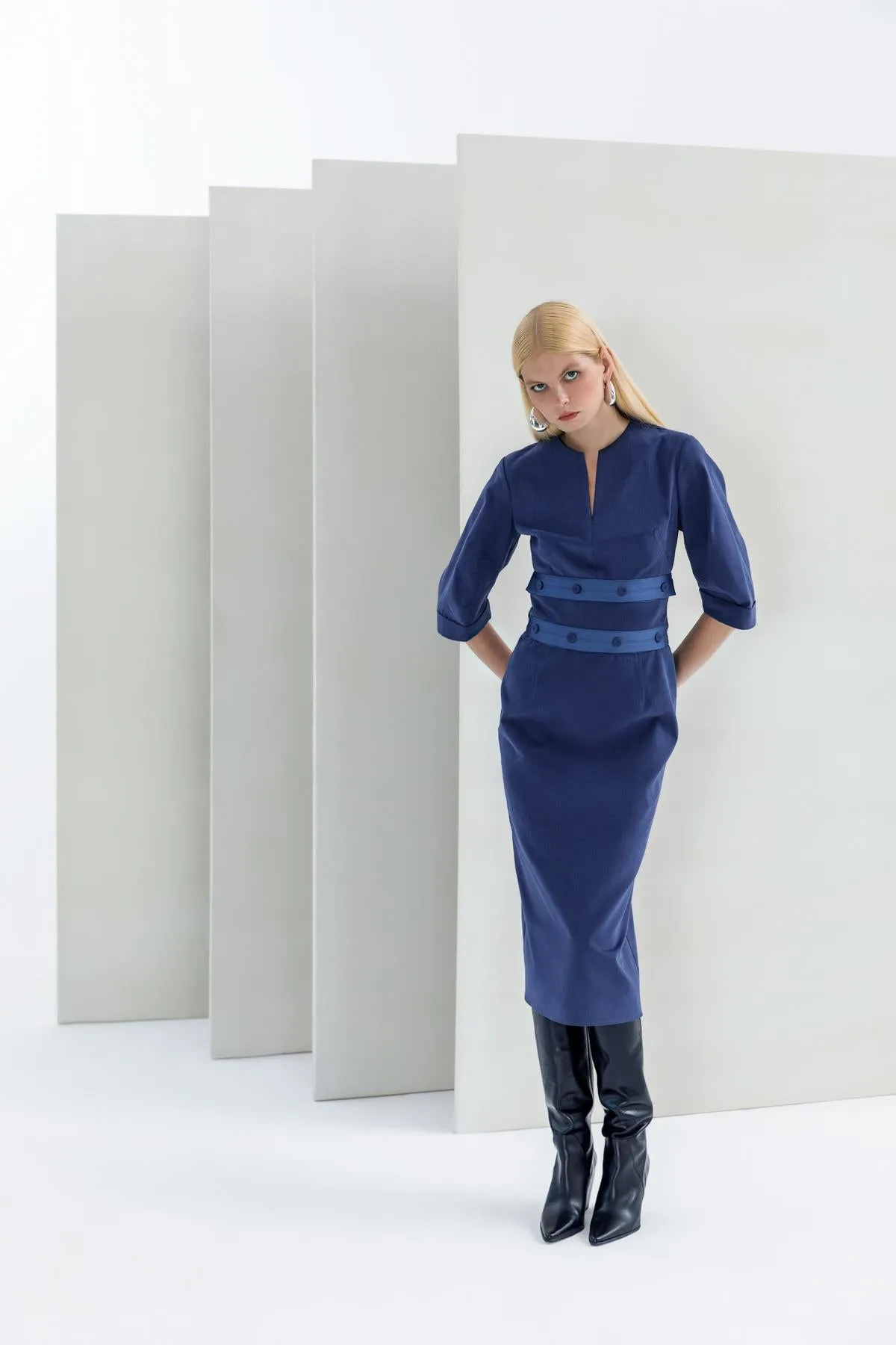 Slit Midi Dress with Belt Navy Blue