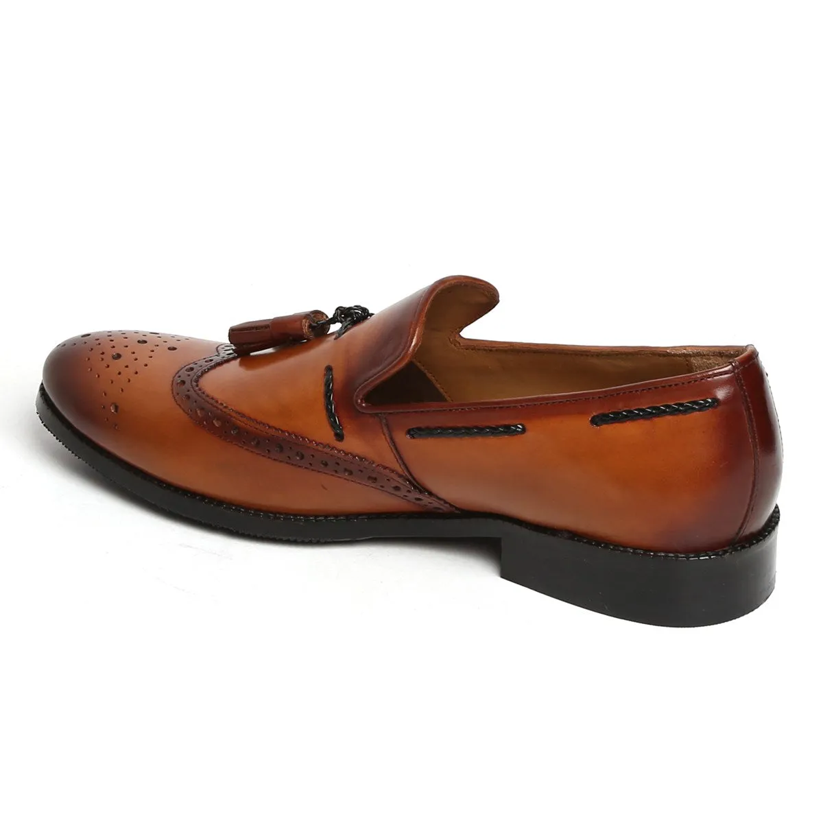 Tan Side Lacing Medallion Toe Formal Tassel Slip-On Shoes By Brune & Bareskin