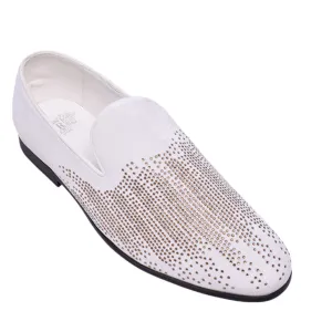 White & Gold Rhinestone Prom Loafers | Men’s Luxury Slip-On Dress Shoes