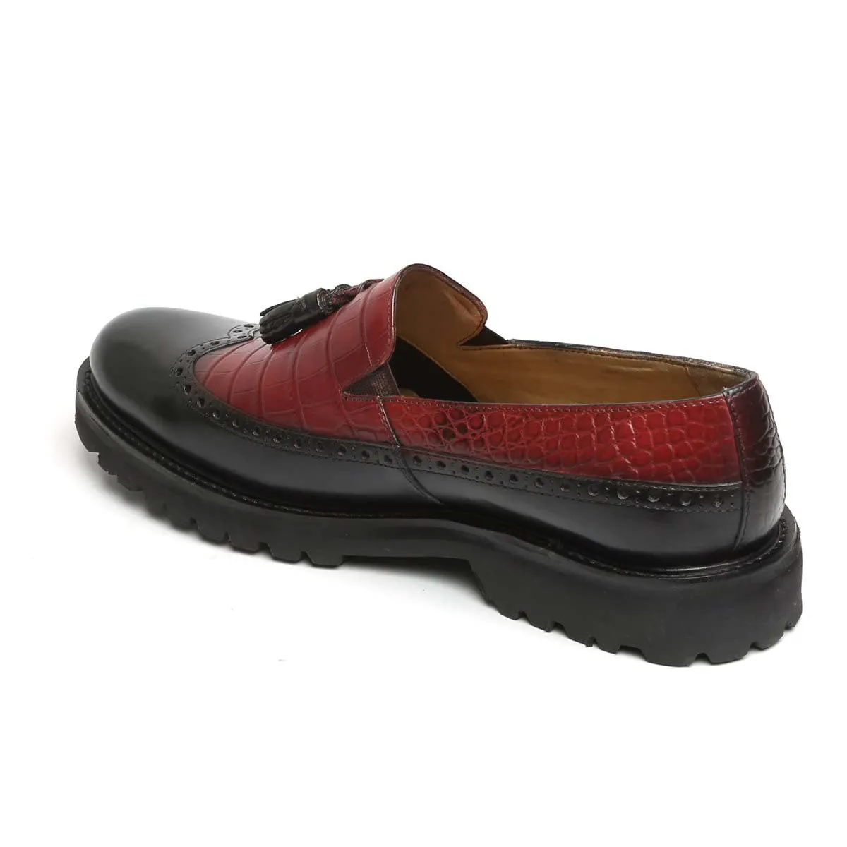 Wine & Black Croco Print Leather Light Weight Tassel Slip-Ons By Brune & Bareskin