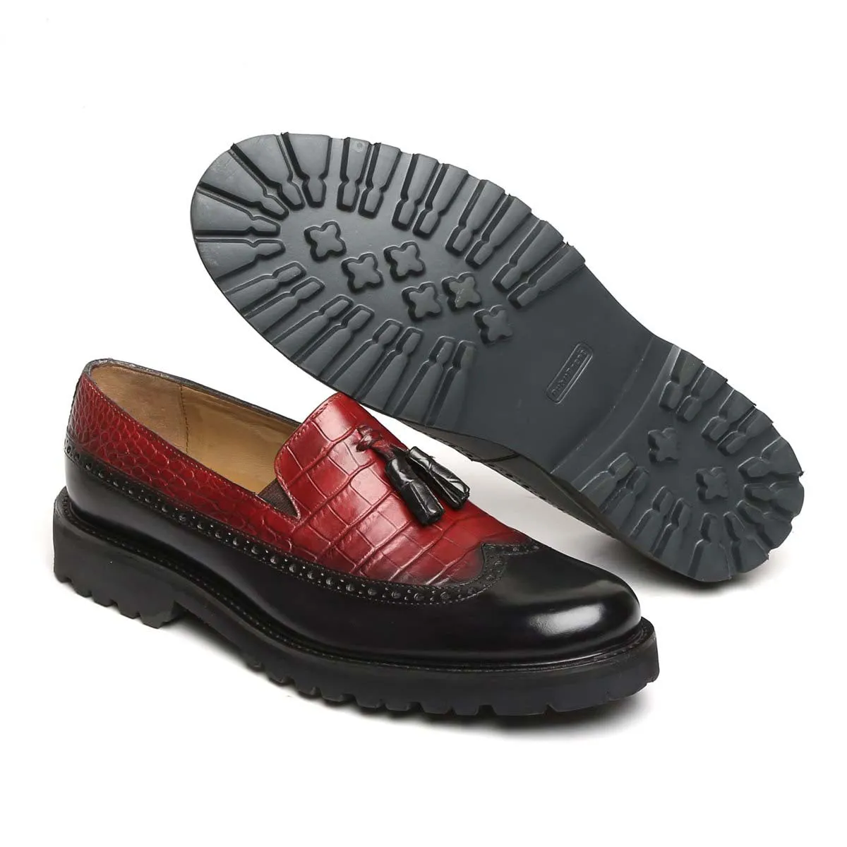 Wine & Black Croco Print Leather Light Weight Tassel Slip-Ons By Brune & Bareskin
