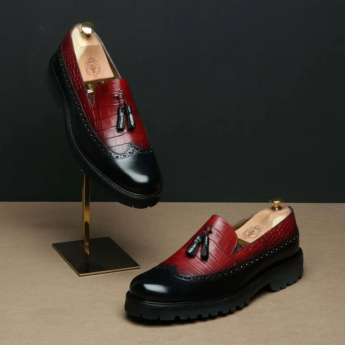 Wine & Black Croco Print Leather Light Weight Tassel Slip-Ons By Brune & Bareskin