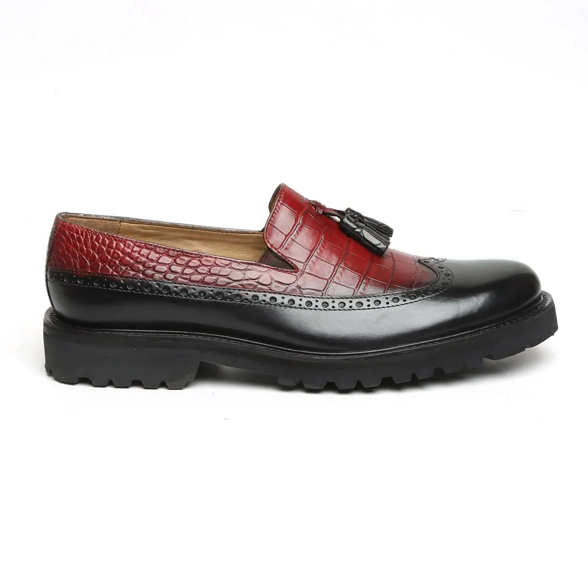 Wine & Black Croco Print Leather Light Weight Tassel Slip-Ons By Brune & Bareskin