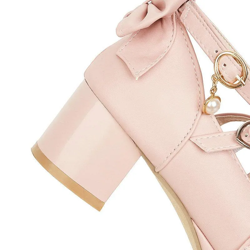 Women cute bow lolita chunky block heel loafers shoes