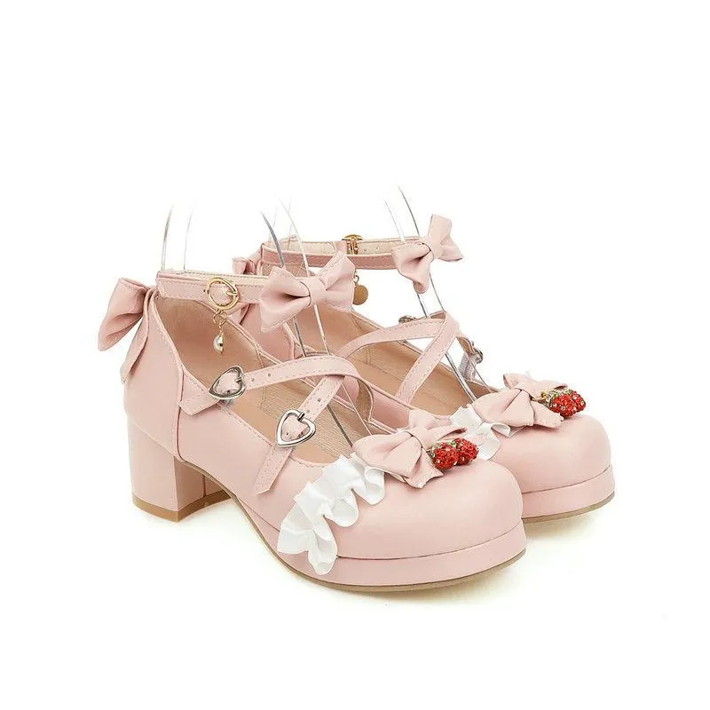 Women cute bow lolita chunky block heel loafers shoes
