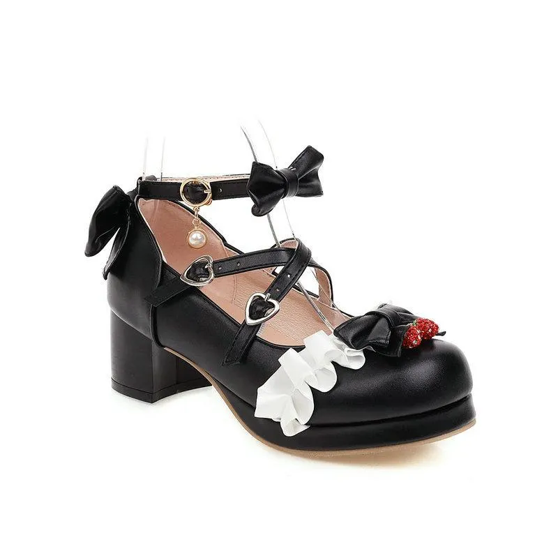 Women cute bow lolita chunky block heel loafers shoes