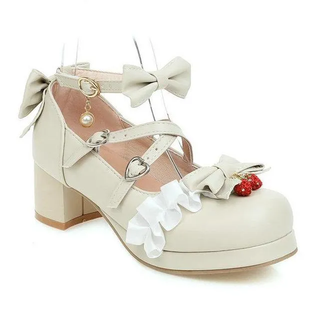 Women cute bow lolita chunky block heel loafers shoes