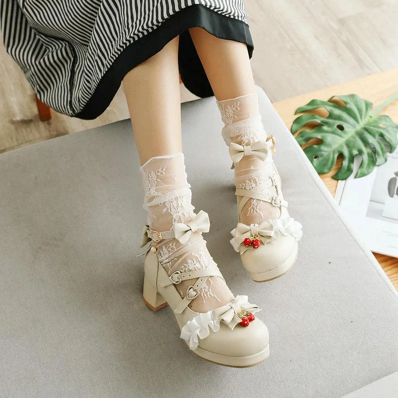 Women cute bow lolita chunky block heel loafers shoes
