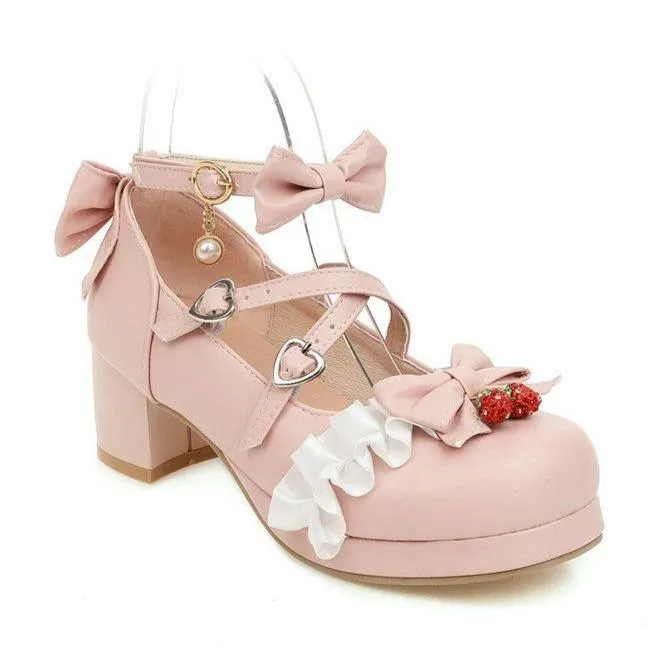 Women cute bow lolita chunky block heel loafers shoes