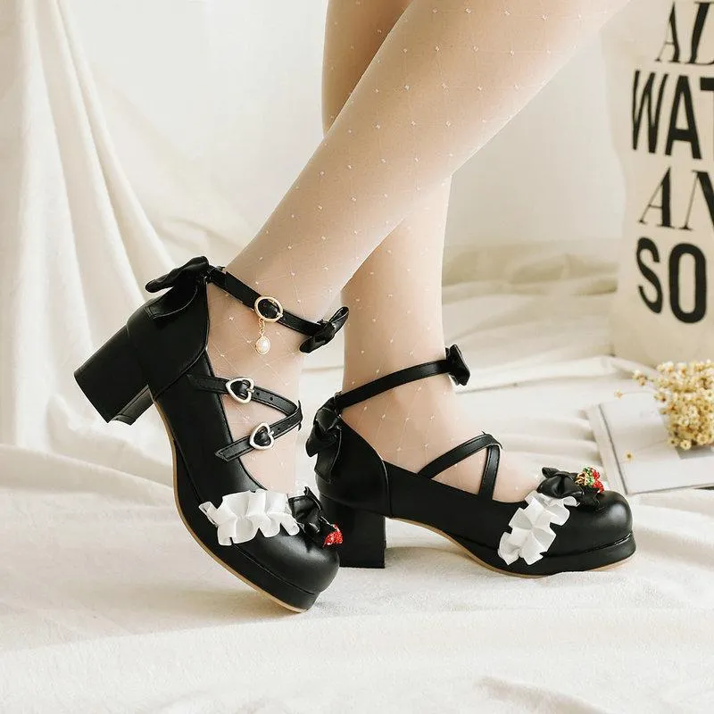 Women cute bow lolita chunky block heel loafers shoes